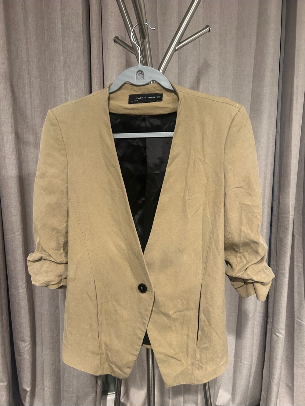 Zara Tan Single-Button Ruched-Sleeve Blazer